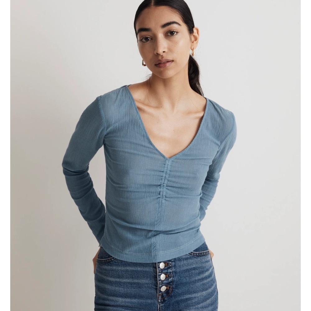 Madewell Semi-Sheer Shirred V-Neck Top Blue Long Sleeve NM647 FA23 Women M